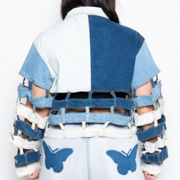 PLUS AZALEA WANG CAGED PANELED DENIM JACKET - Picture 3 of 9